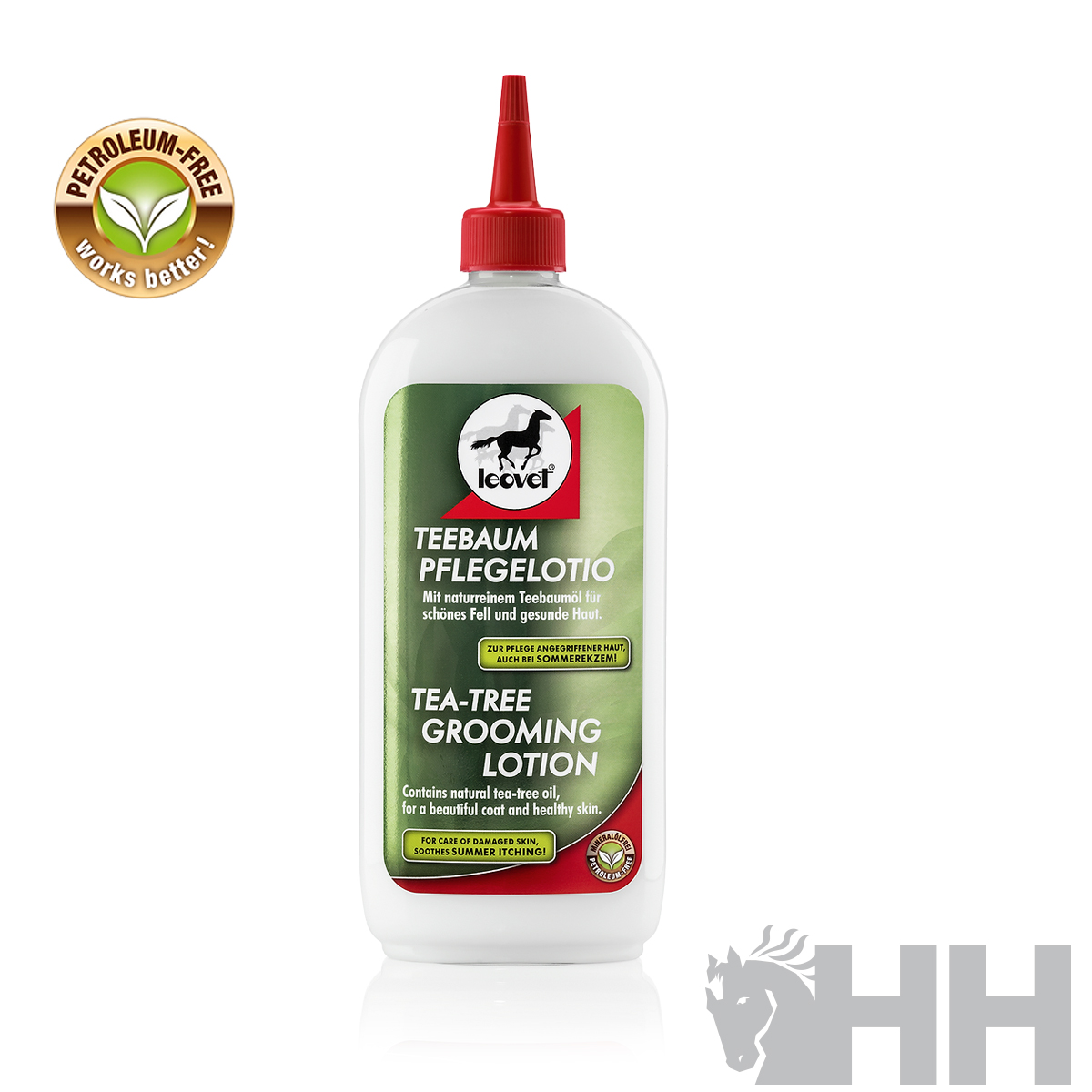 Loção de cuidados Leovet Tea-Tree Grooming Lotion embalagem branca e tampa vermelha