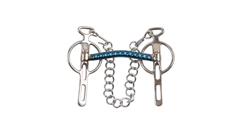 Ferro de boca para cavalo prateado com strass azuis