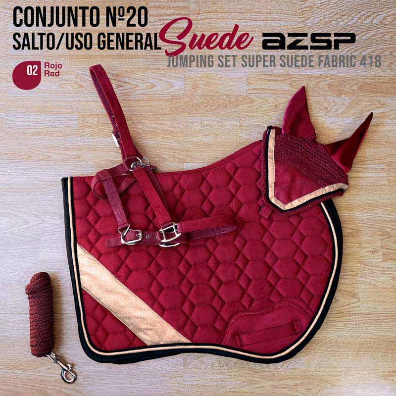 Conjunto de salto para cavalo vermelho em tecido super suede com acessórios e touca com orelhas.