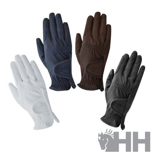 Conjunto de quatro luvas em várias cores com ajuste de velcro e logo HH com cavalo.