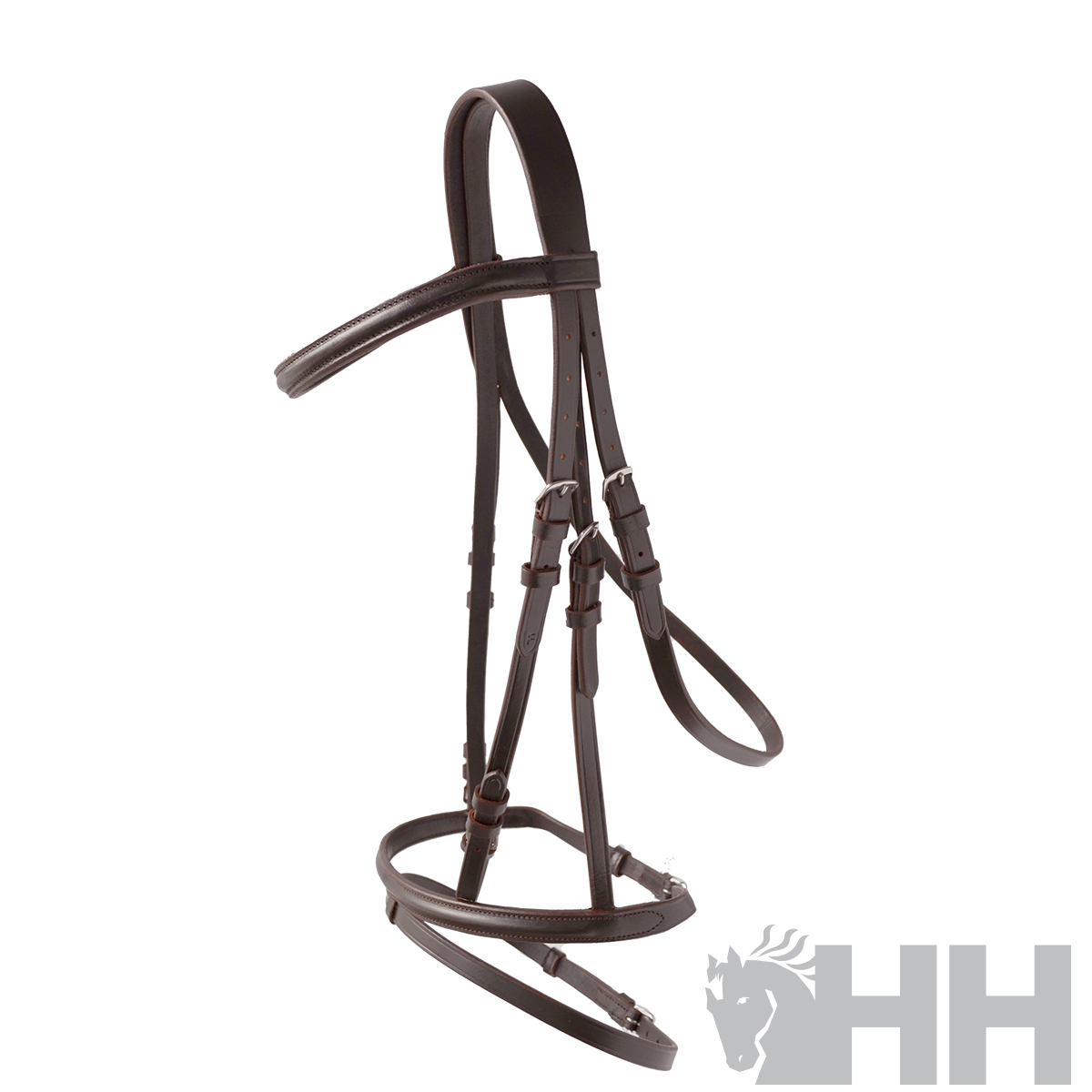 Bridão de couro castanho escuro com fivelas metálicas prateadas