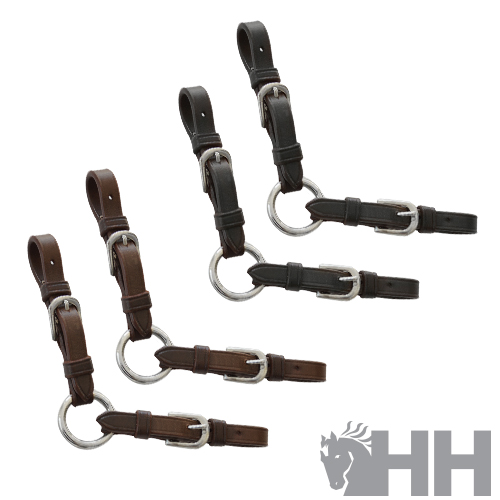 Cabeçadas de cavalo em couro castanho e preto com anel metálico prateado