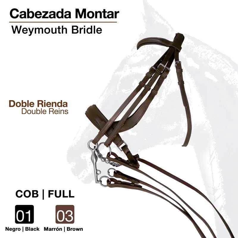 Cabeçada de montar Weymouth Bridle com dupla rédea e texto em fundo branco