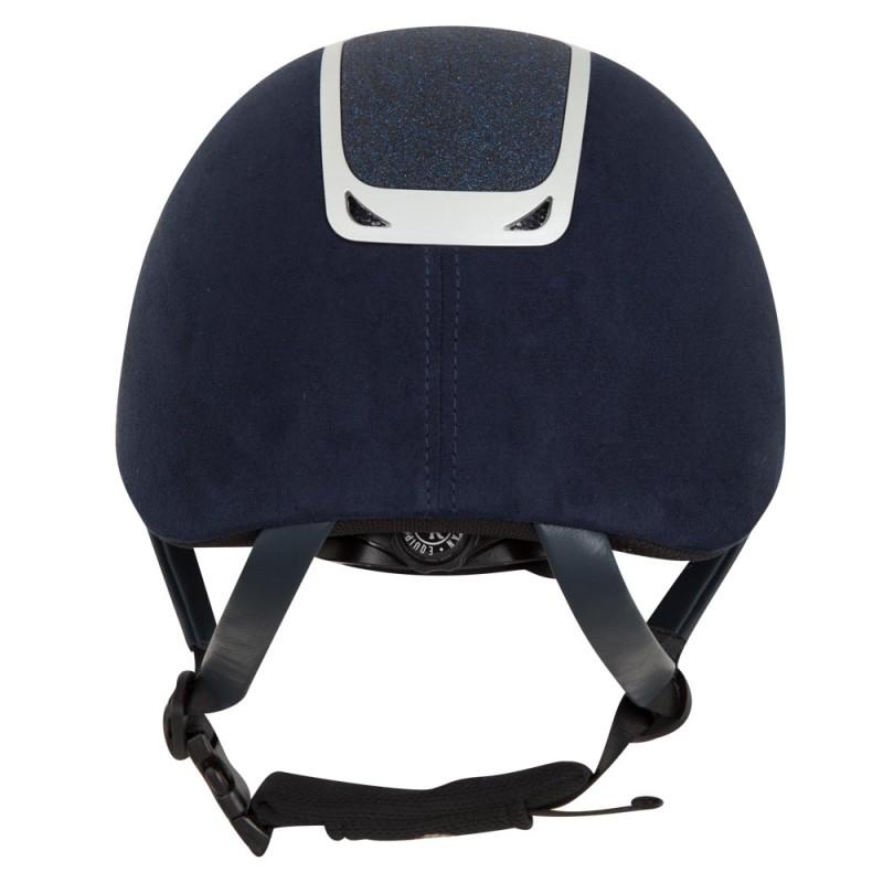 Capacete azul escuro com faixa preta ajustável e detalhe branco