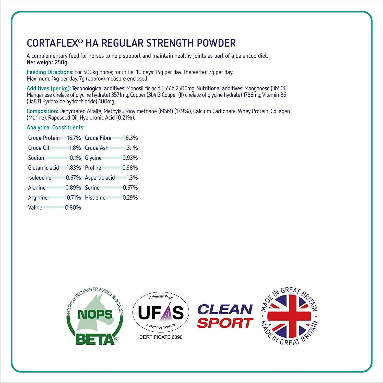 Etiqueta do suplemento para cavalos CORTAFLEX HA REGULAR STRENGTH POWDER com detalhes de composição e certificações