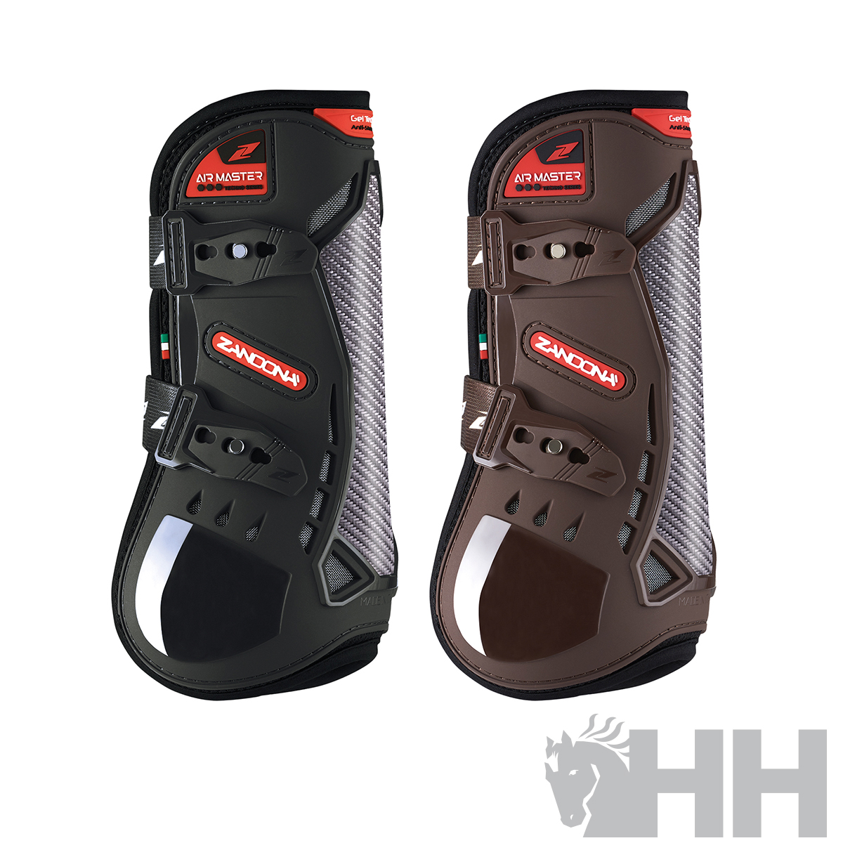 Duas botas de proteção para cavalos, preta e castanha, com fivelas e detalhes vermelhos e cinzentos