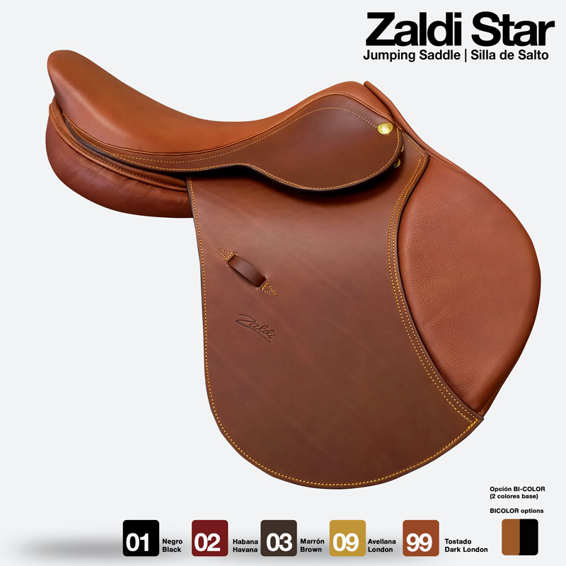 Sela de salto Zaldi Star em couro castanho com gravação e etiqueta dourada