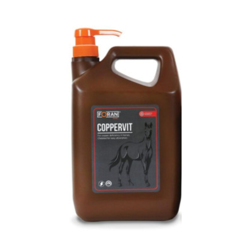 Frasco castanho com bomba laranja e rótulo com cavalo e texto COPPERVIT
