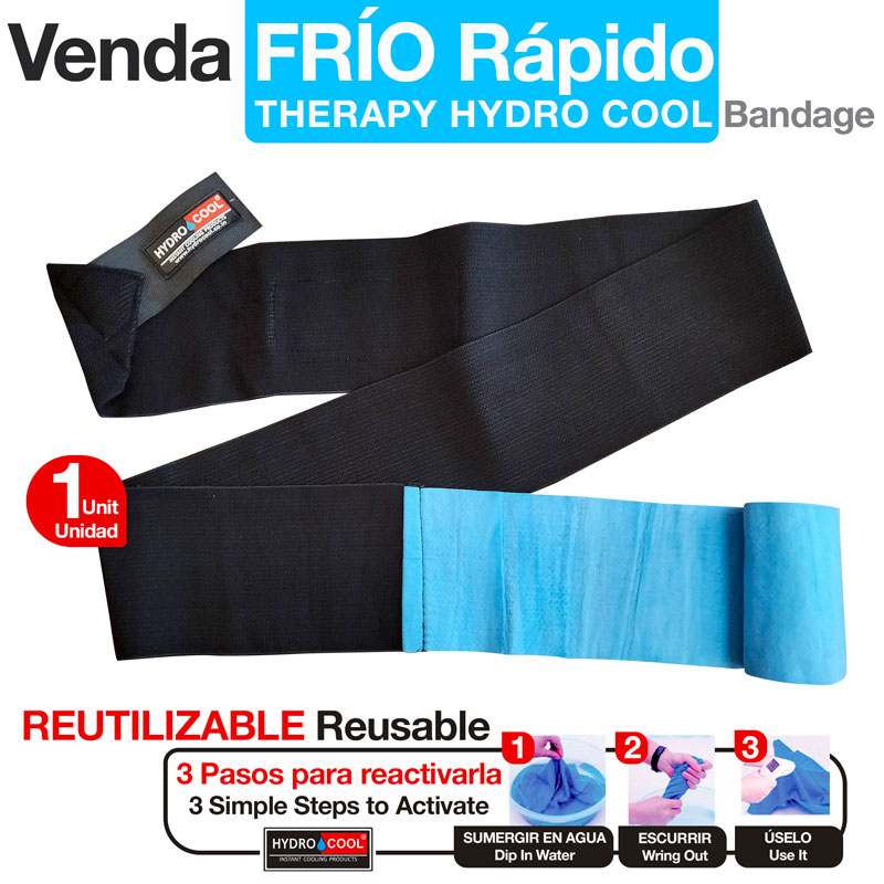 Bandagem terapêutica FRÍO Rápido THERAPY HYDRO COOL reutilizável preta com interior azul e instruções