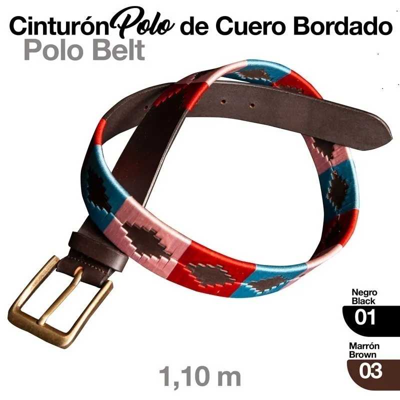 Cinto Polo de couro bordado colorido com fivela dourada