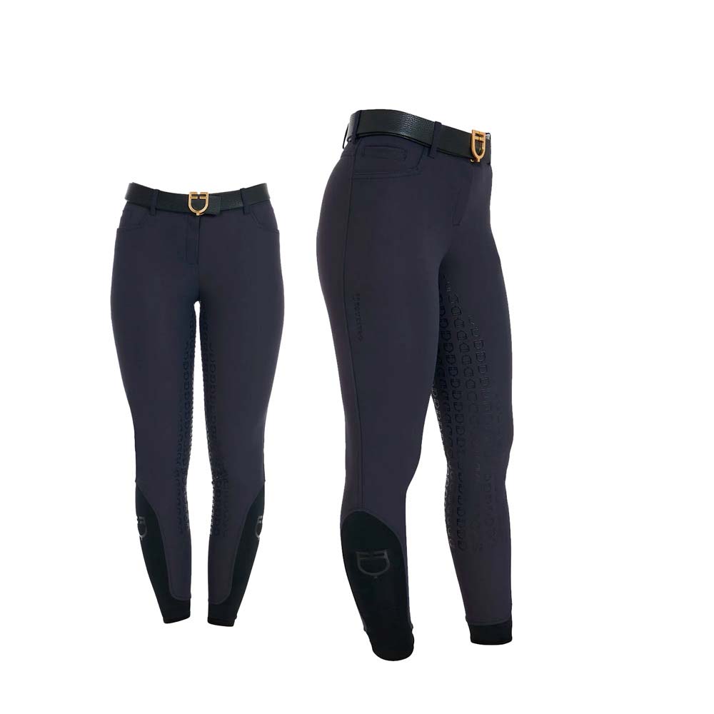 Calças de equitação femininas pretas com cinto e padrão antiderrapante nas pernas