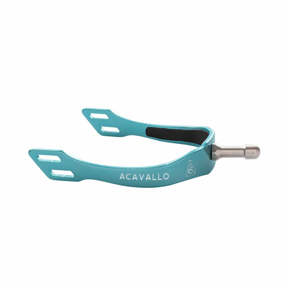 Espora azul de metal com reinforcement preto e texto ACAVALLO