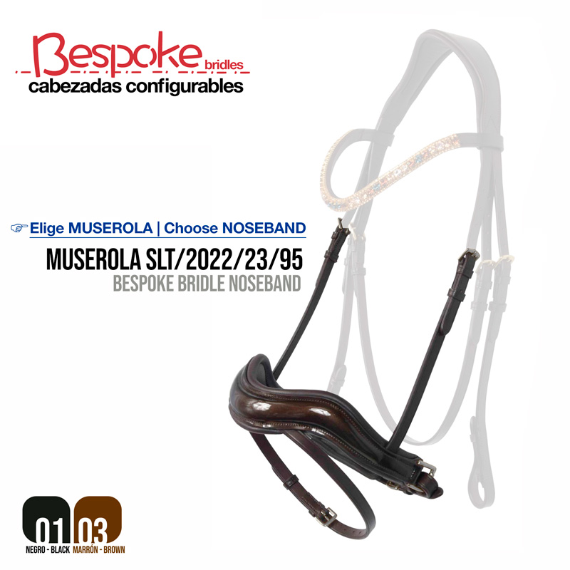 Muserola de cabedal castanho escuro com texto informativo e logotipo