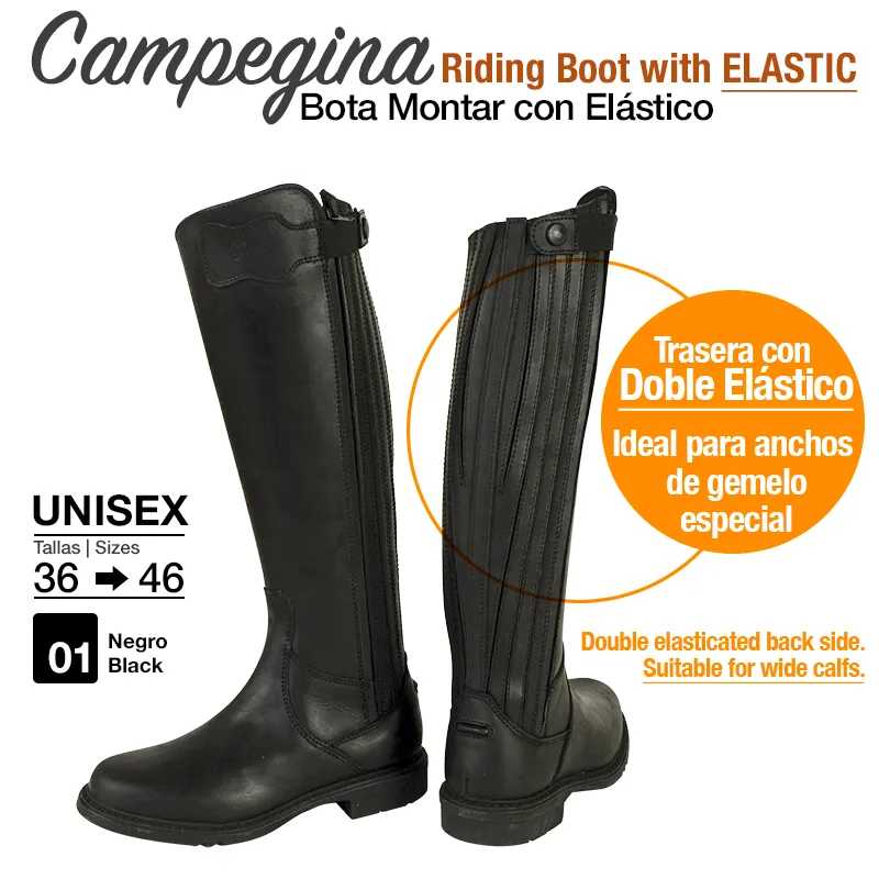 Botas de montar pretas unissexo com fechos e elásticos na parte traseira