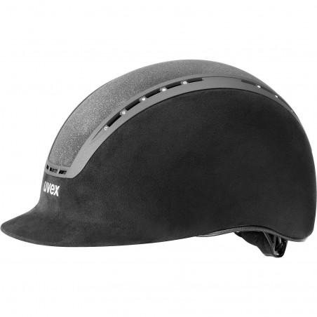 Capacete de segurança preto com faixa cinzenta ventilada e texto uvex