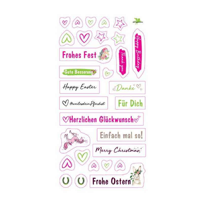 Folha de autocolantes com frases em alemão e inglês e símbolos decorativos em rosa e verde
