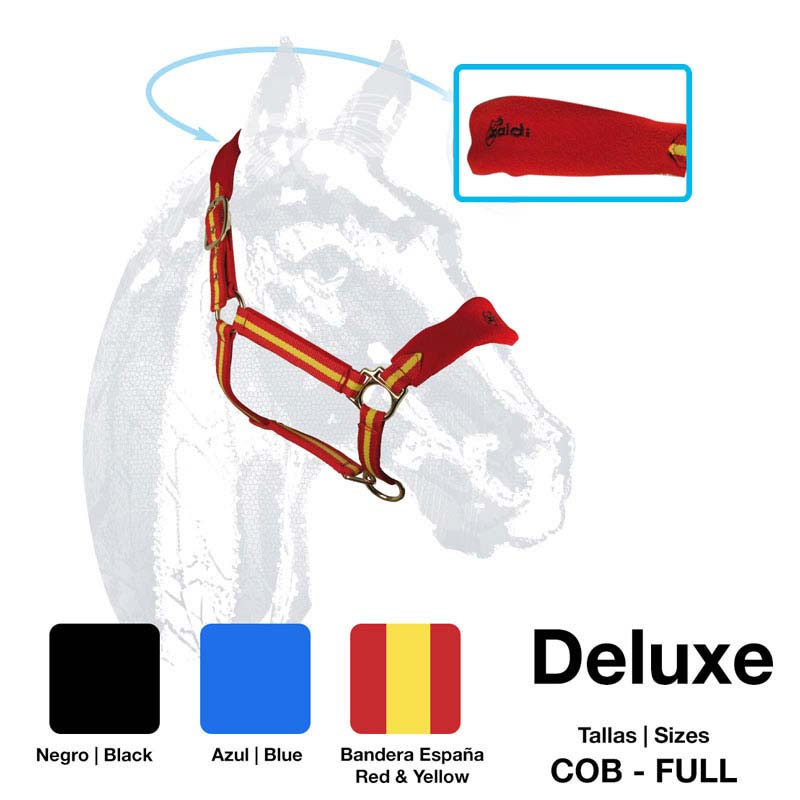 Cabresto vermelho e amarelo para cavalo com fechos dourados, disponível em várias cores e tamanhos