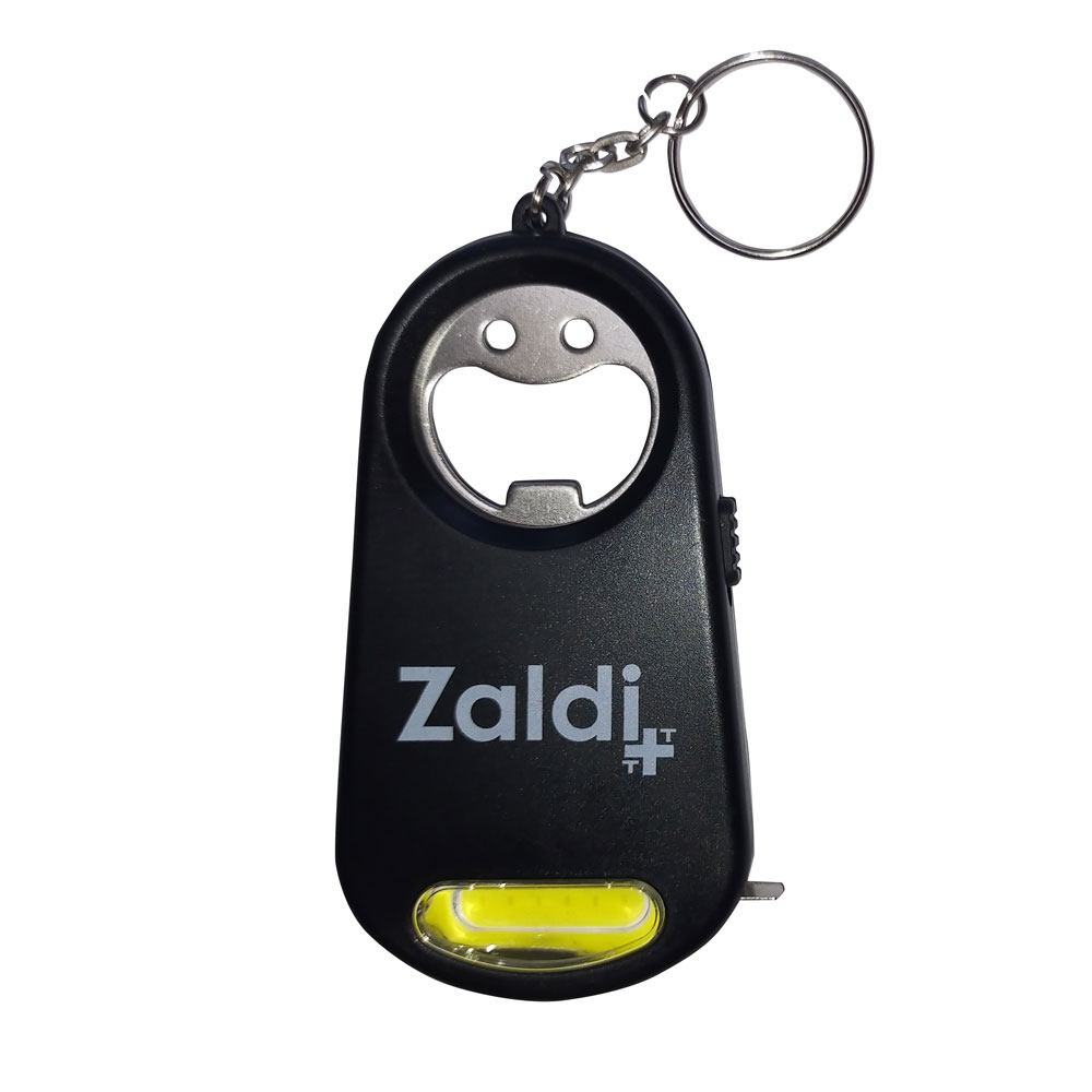 Chaveiro abridor de garrafas preto com texto Zaldi e luz LED amarela