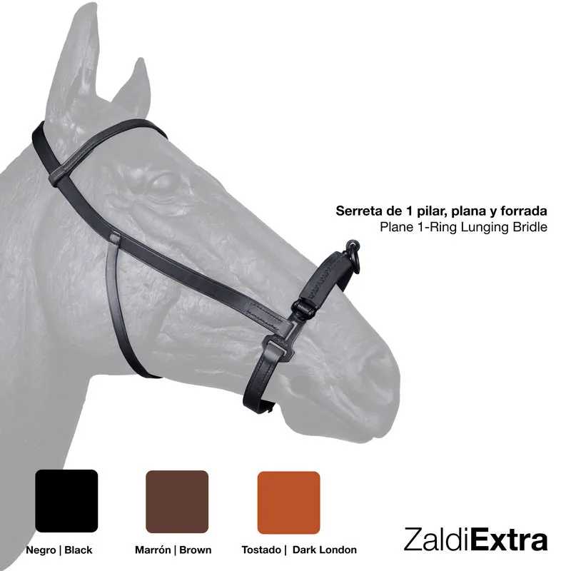 Bridão plano forrado para cavalo nas cores Preto, Castanho e Tostado com texto em espanhol e inglês.