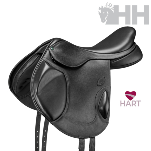 sela de equitação preta de couro com logotipo HART cor de rosa