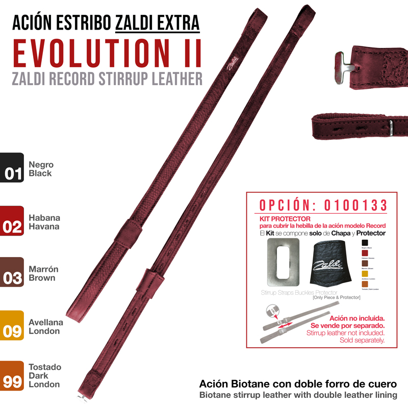 Kit de estribos de couro Zaldi Evolution II em várias cores, com texto e opções de acessórios visíveis