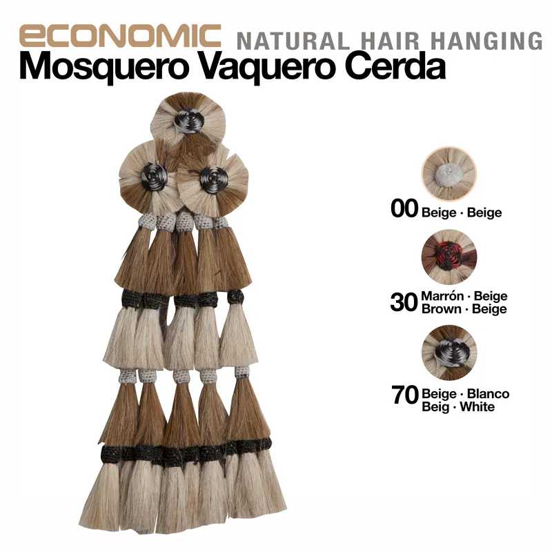 Mosquero vaqueiro de cerda com franjas em tons bege, marrom e branco e texto de descrição de cores