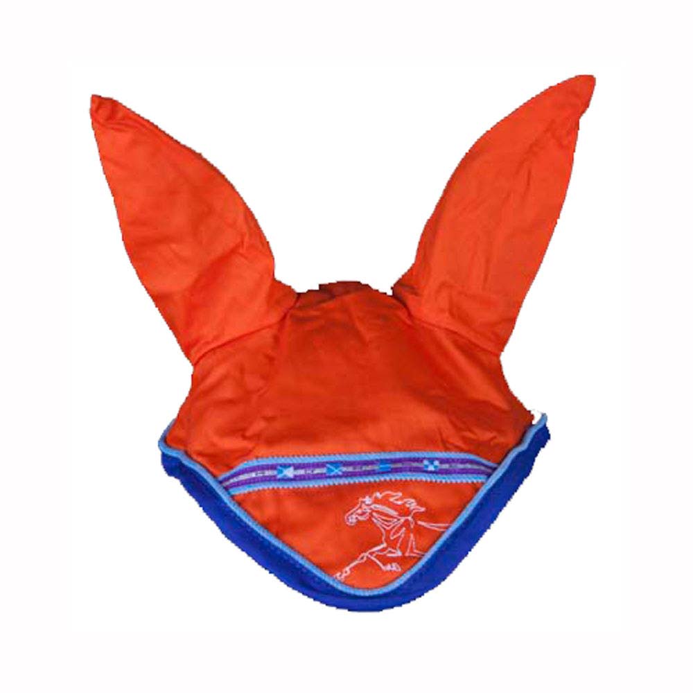 Gorro laranja com orelhas e borda azul com desenho de cavalo