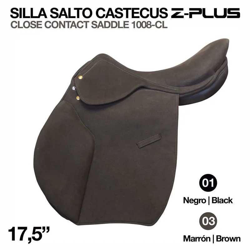 Sela de salto Castecus Z-Plus preta ou castanha com texto e tamanho 17,5 polegadas