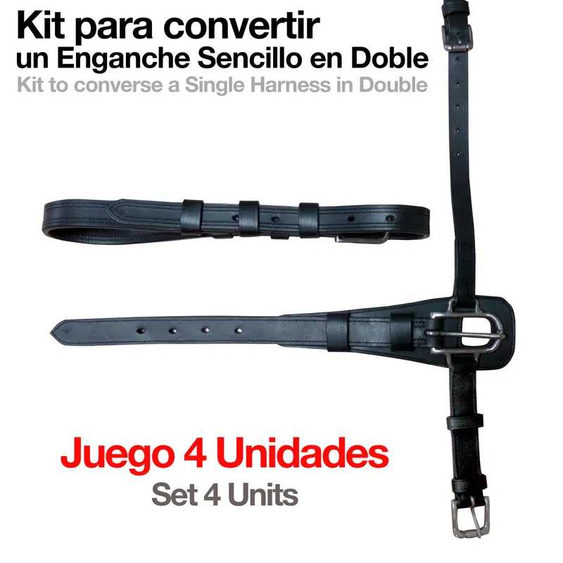 Kit para converter enganche sencillo em doble com 4 tiras pretas em pele e fivelas metálicas