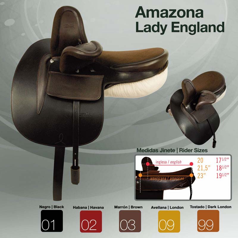 Sela de equitação Amazona Lady England em couro com várias opções de cores e tamanhos para cavaleiros