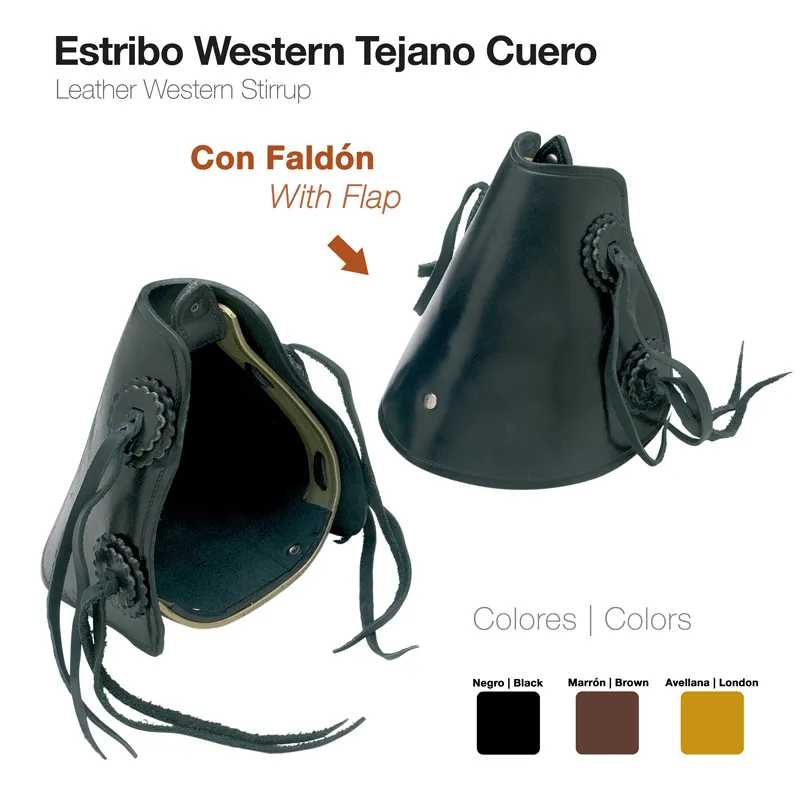 Estribos de couro Western Tejano pretos com flap e cordões, texto descritivo em espanhol e inglês