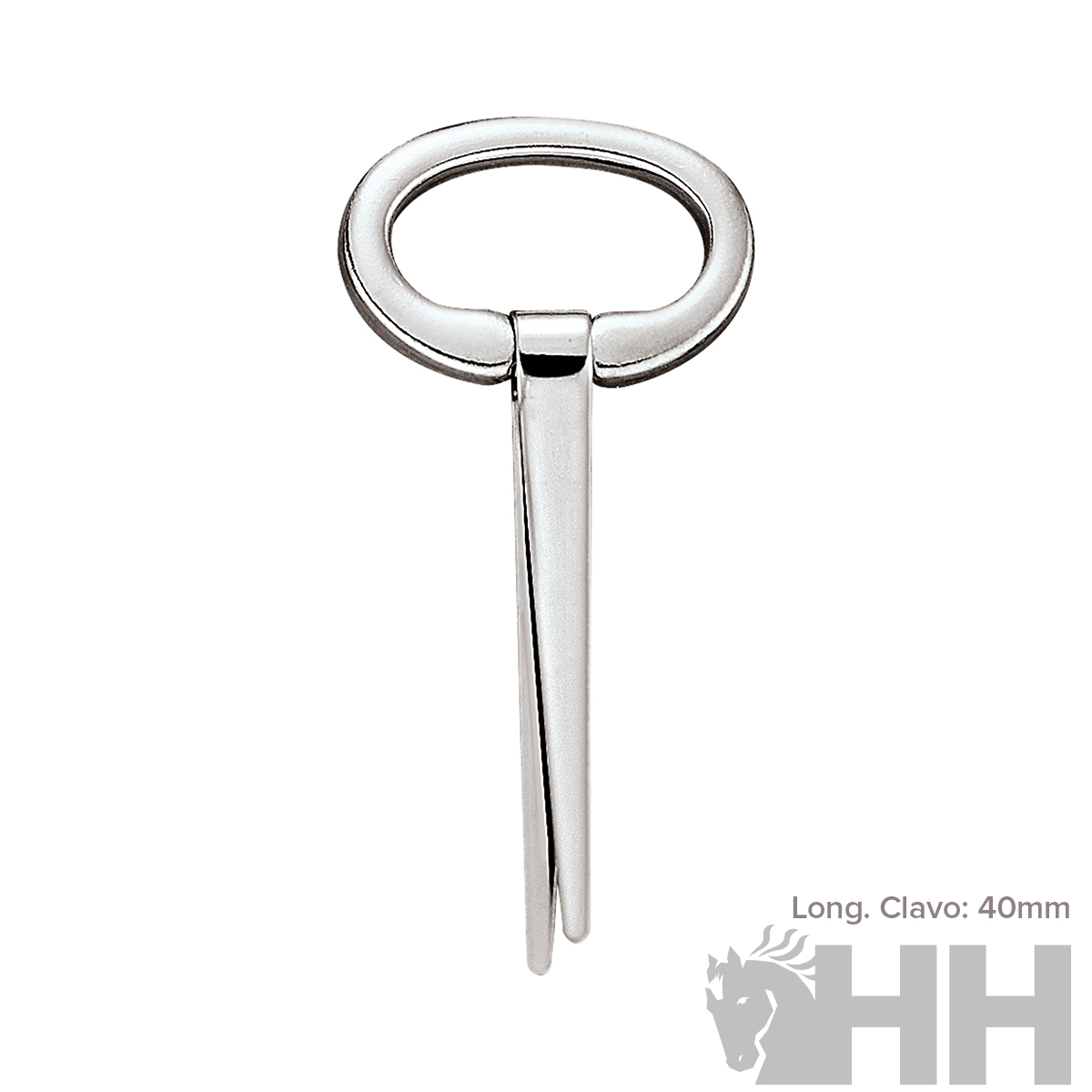 Chave metálica prateada com formato oval no topo e haste dupla