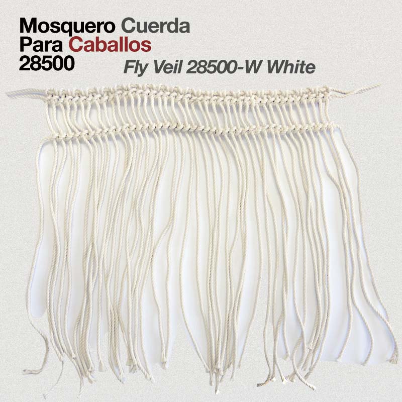 Mosquero de corda branco para cavalos com franjas e texto impresso