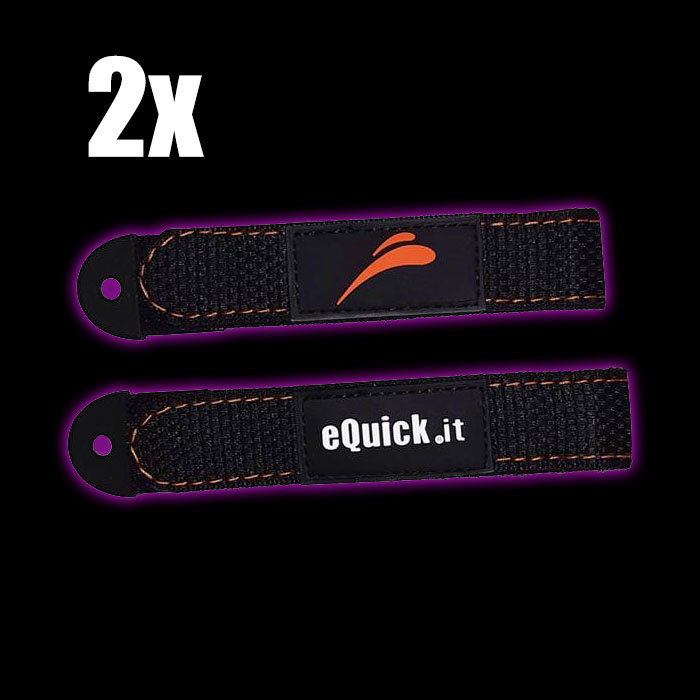Duas fitas de velcro pretas com costuras laranja e texto 'eQuick.it'