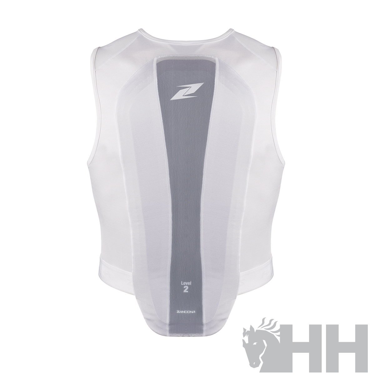 Colete de proteção branco com faixa cinza e símbolo Z ao centro, visto de costas