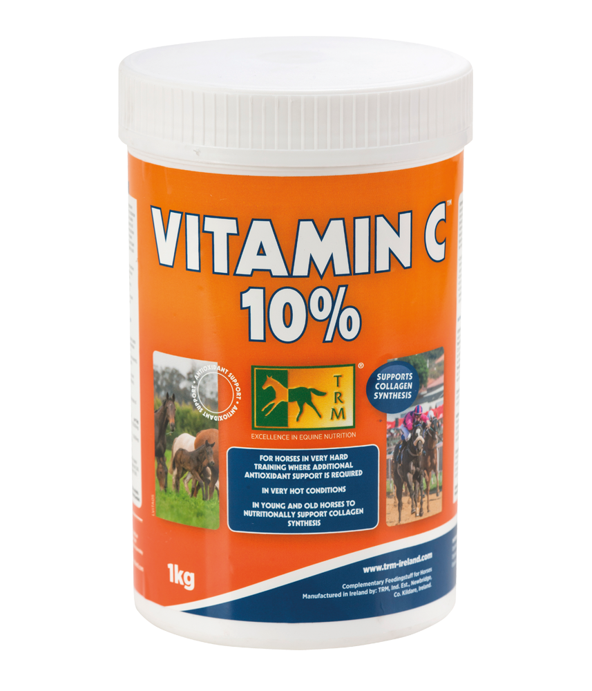 Frasco de vitamina C 10% para cavalos com rótulo laranja, azul e branco