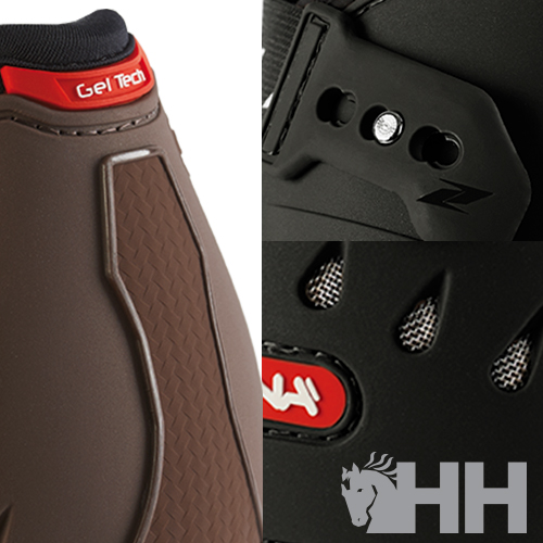 Equipamento de proteção para equitação castanho e preto com texto Gel Tech e logotipo HH.