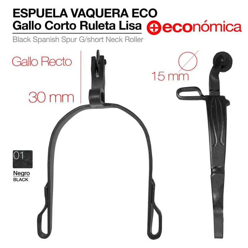 Espuela vaqueira preta de metal com medidas e texto informativo.