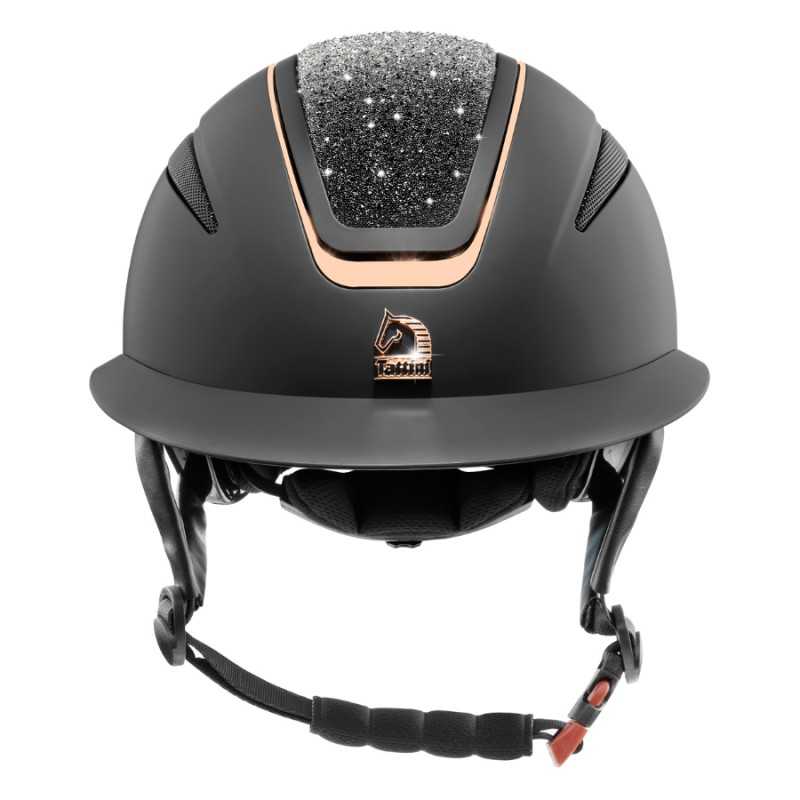 Capacete de equitação preto com detalhe brilhante prateado e elementos em cobre