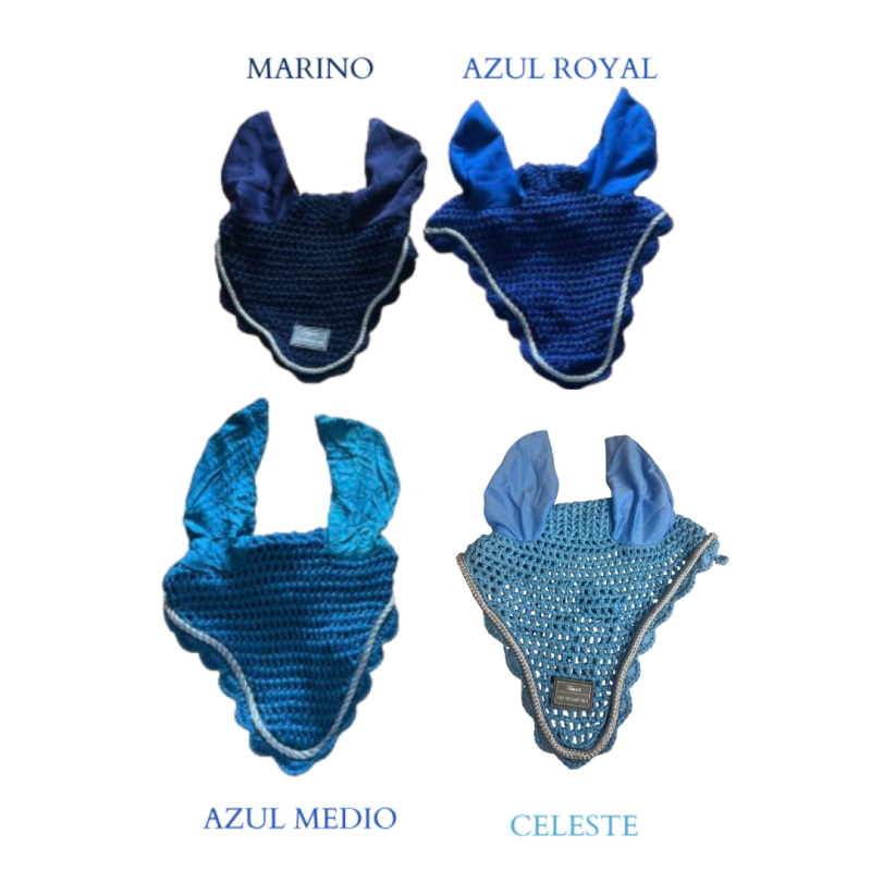 Protetores de orelhas para cavalos em croché azul em quatro tonalidades diferentes