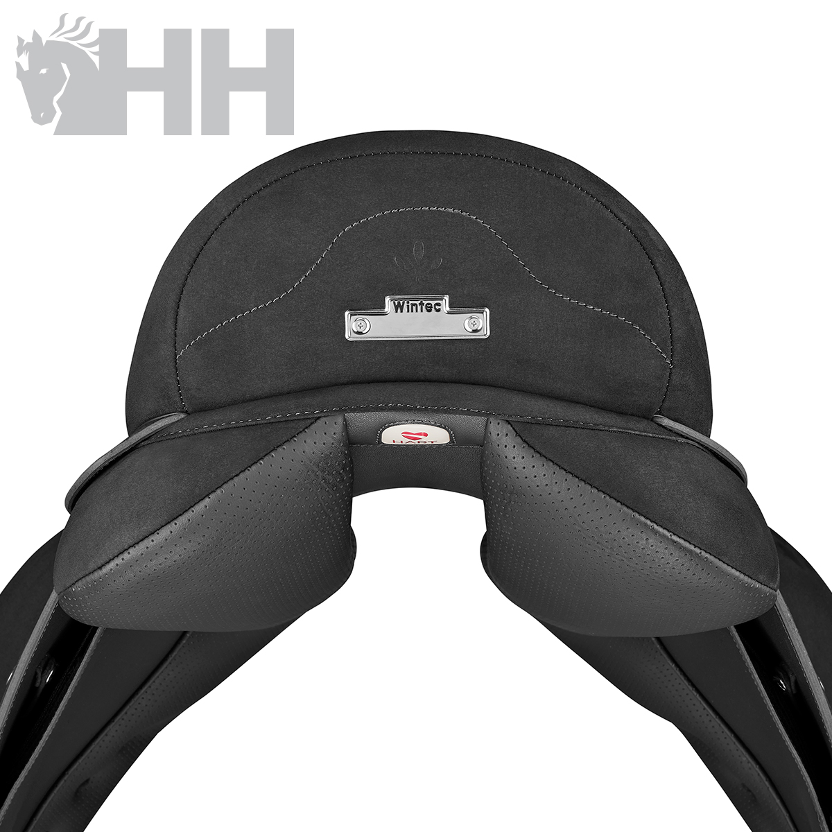 Selim de sela de equitação preto com detalhes em couro e placa metálica 'wintec'