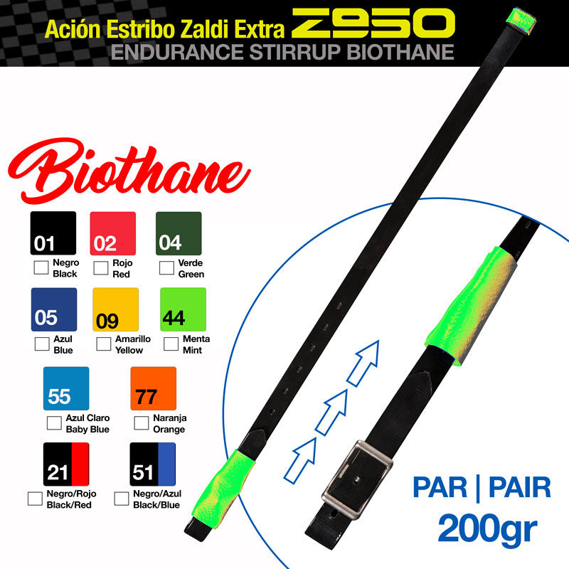 Estribo Ación Estribo Zaldi Extra Z950 preto com detalhes verdes e fivelas metálicas