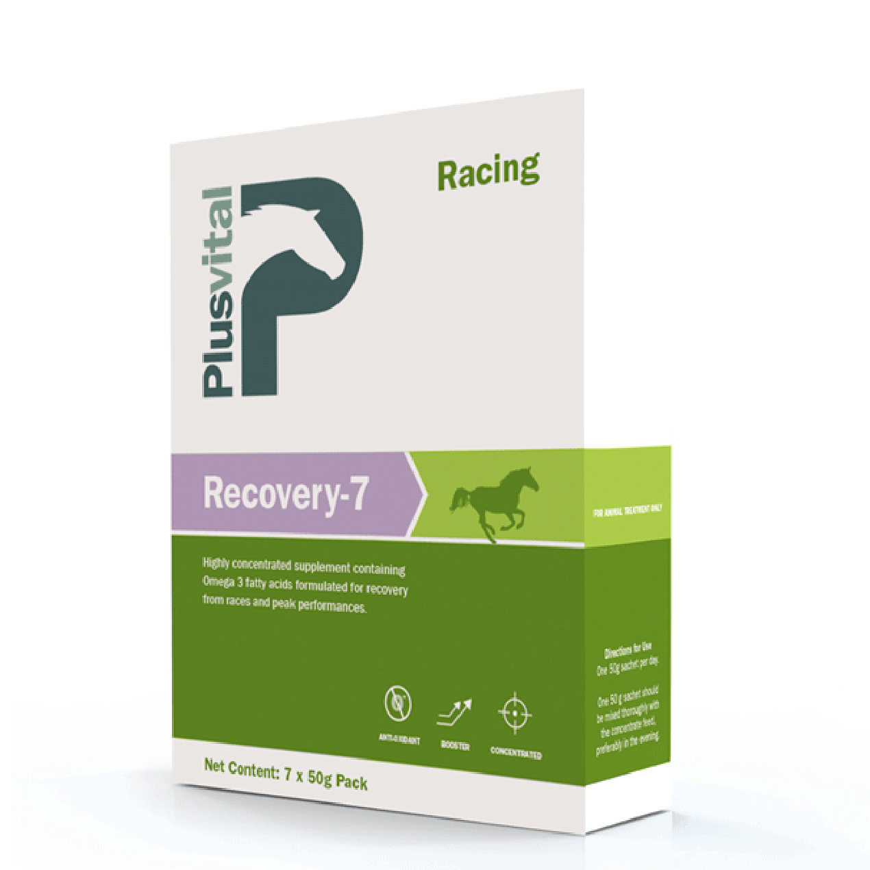 Embalagem de suplemento para cavalos Plusvital Racing Recovery-7 com design branco, verde e lilás