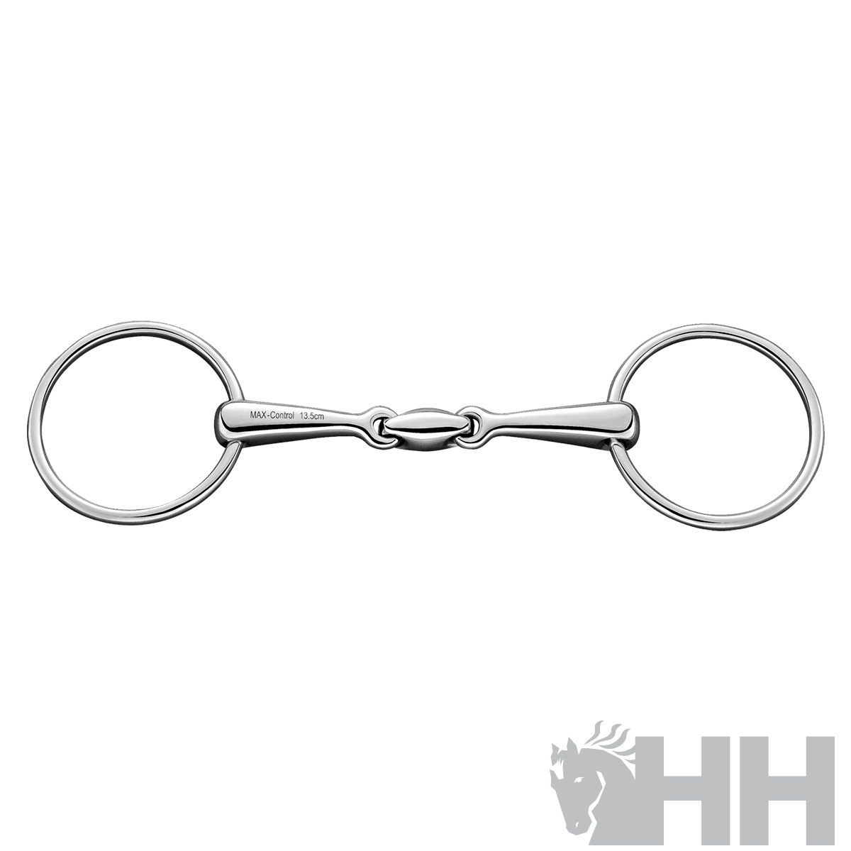 Ferro de embocadura metálico cromado com duas argolas e peça central articulada