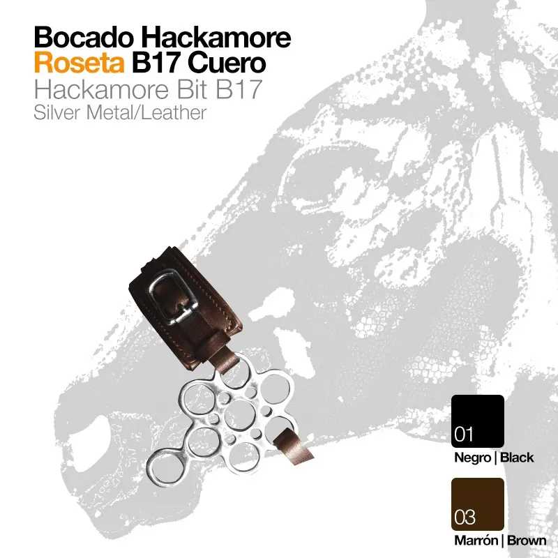 Bocado Hackamore Roseta B17 Cuero em metal prateado e couro preto e castanho com anéis de metal.