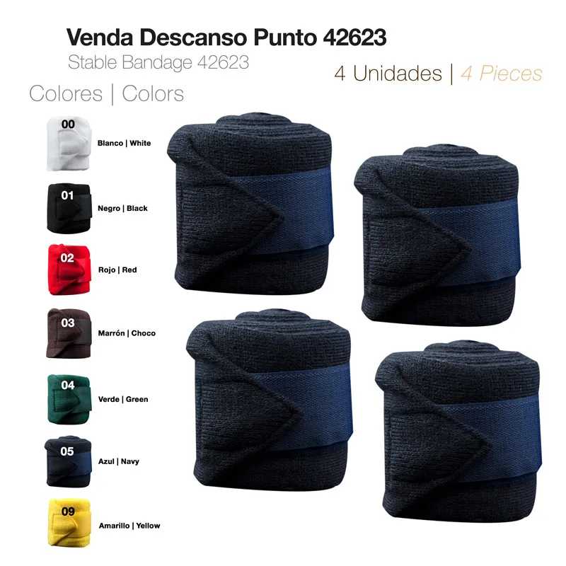 Quatro bandagens estáveis pretas enroladas com faixa azul escura e paleta de cores.