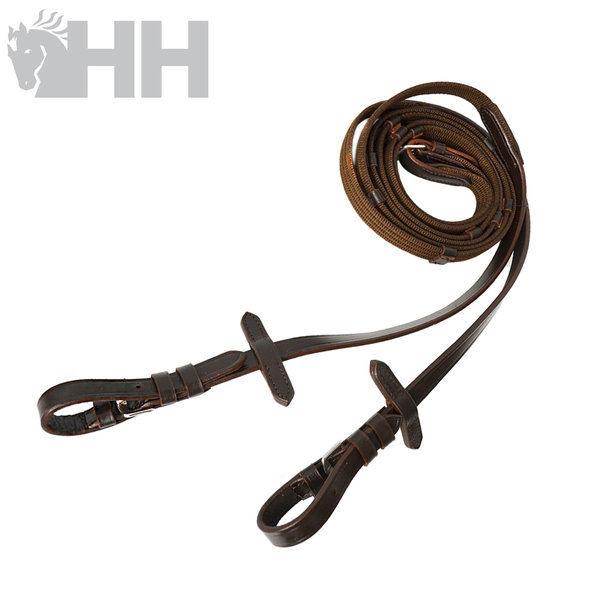 Rédea de cavalo em couro castanho escuro com costuras e fivelas
