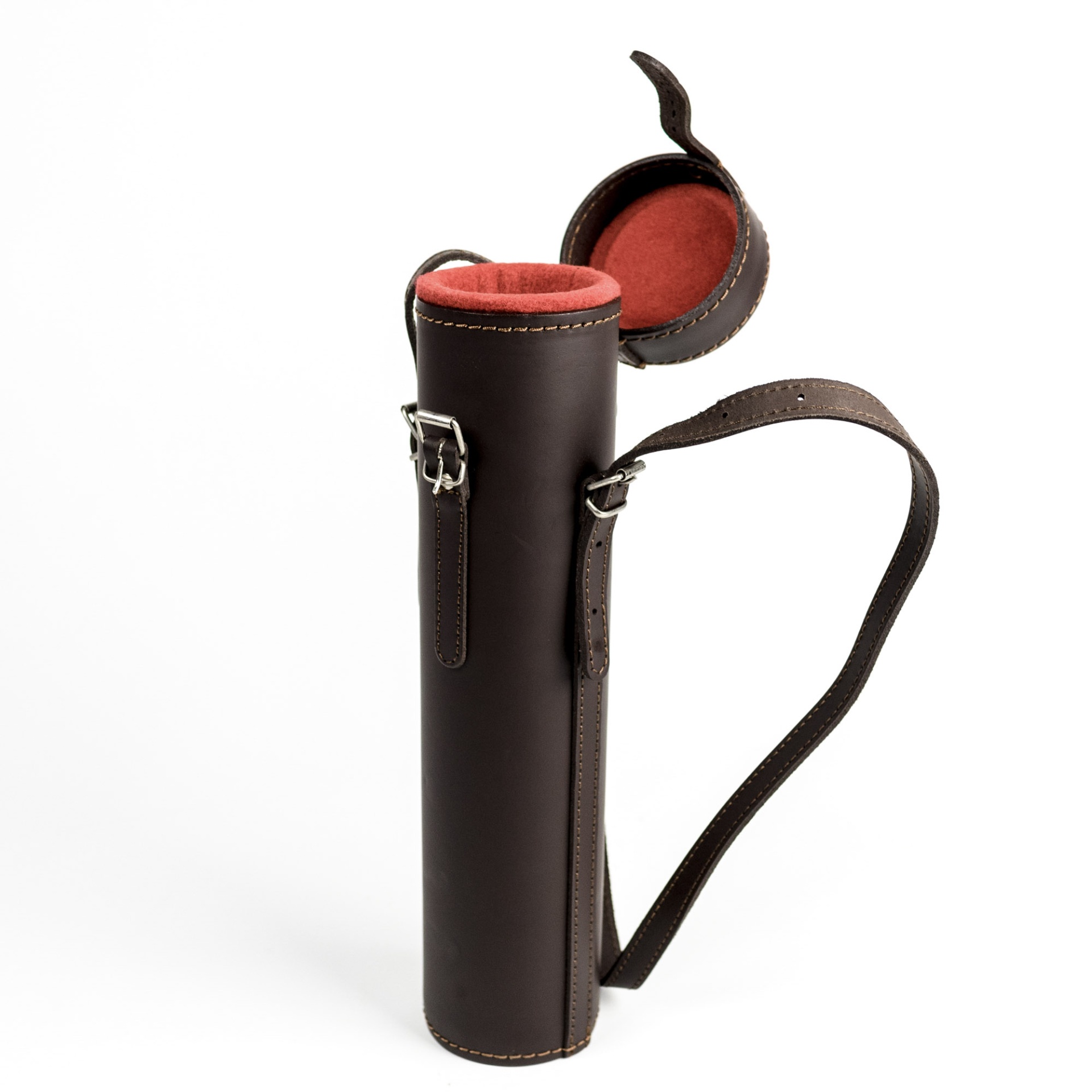 Estojo cilíndrico castanho escuro com interior vermelho e correia