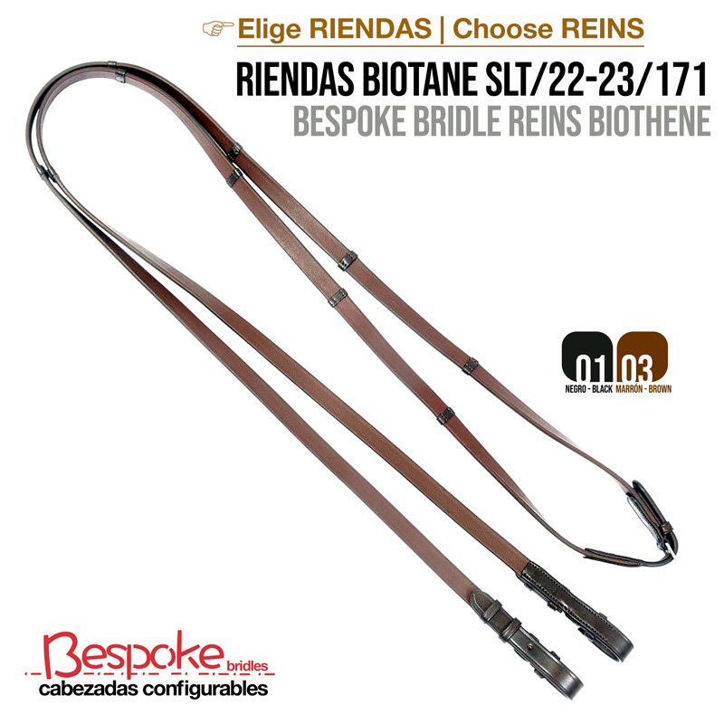 Rédeas de cabedal castanho com fivelas metálicas e texto promocional