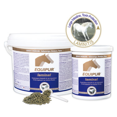 Suplemento Equipur Laminal para cavalos em dois recipientes com pellets e medidor